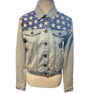 Forever 21 USA American Flag Womens S Distressed Short Denim Jean Jacket America